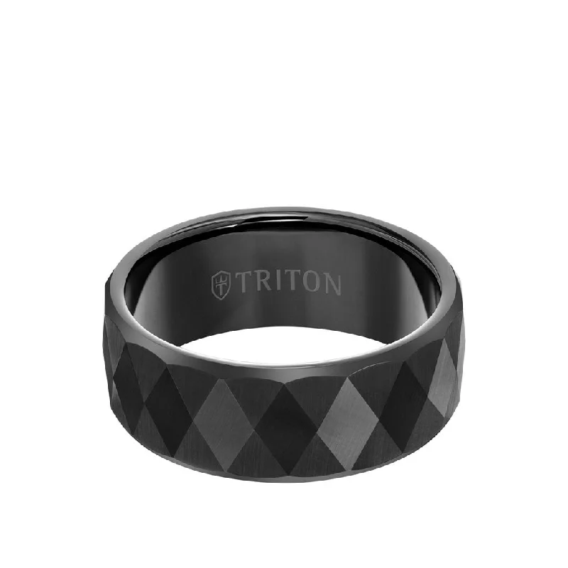 Custom Engagement Rings with Diamond Accents-9MM Tungsten Carbide Ring - Faceted Diamond Pattern and Flat Edge