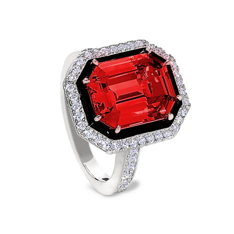 Personalized Gemstone Engagement Rings-Platinum Finish Sterling Silver Micropave Black Enamel & Simulated Ruby Octagon Ring with Simulated Diamonds - Size 7