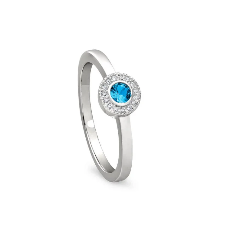 Designer Vintage Wedding Bands-Platinum Finish Sterling Silver Micropave Round Simulated Blue Topaz Ring with Simulated Diamonds Size 7