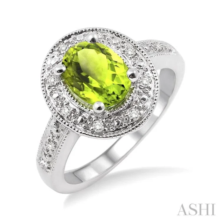 Handcrafted Engagement Rings-8x6 MM Oval Cut Peridot and 1/20 Ctw Single Cut Diamond Ring in Sterling Silver