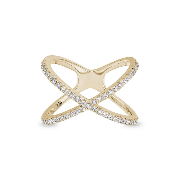 Luxury Promise Rings for Women-Gold Finish Sterling Silver Micropave Criss-Cross Ring with Simulated Diamonds