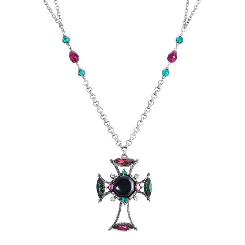 Luxury Gemstone Necklaces-1928 Jewelry Monarch Emerald & Amethyst Crystal Black Octagon Stone Cross Pendant Necklace 30"