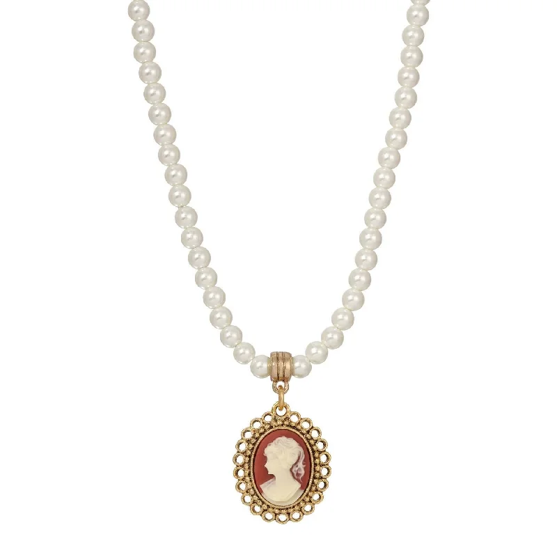 Custom Engraved Necklaces-1928 Jewelry Carnelian Red Cameo Pendant 8mm Faux Pearl Strand Necklace Necklace 15" + 3" Extension