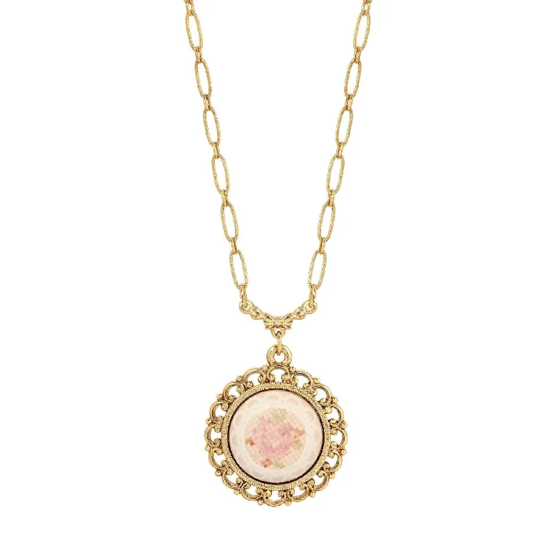 Cute Gold Necklaces-1928 Jewelry Stitch Pattern Pink Rose Pendant Necklace 18"