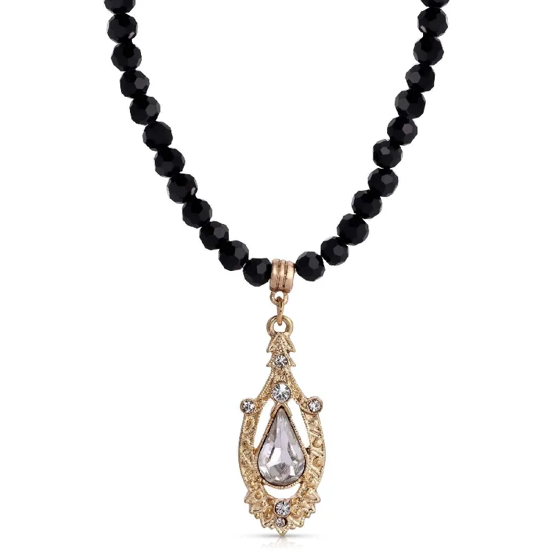 Boho Necklaces-1928 Jewelry Minuit Black Glass Strand Bead Crystal Pendant Necklace 15" + 3" Extender