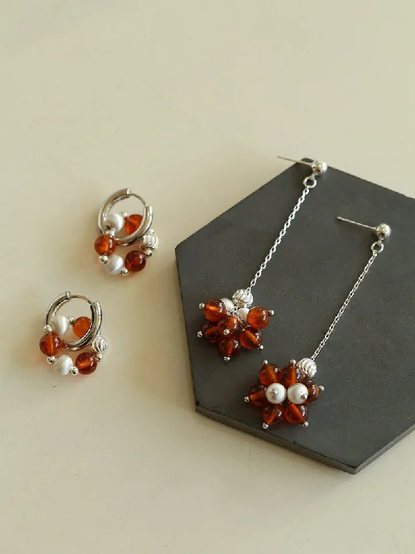 Simple Drop Hoop Earrings-Orange Red Garnet Silver Hoops Earrings Long Drop Earrings