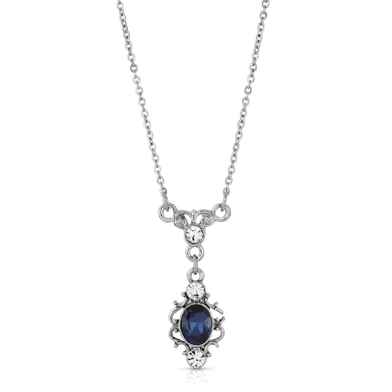 Chakra Healing Necklaces-1928 Bridal Dark Blue Oval Crystal Filigree Pendant Necklace 16" + 3" Extender