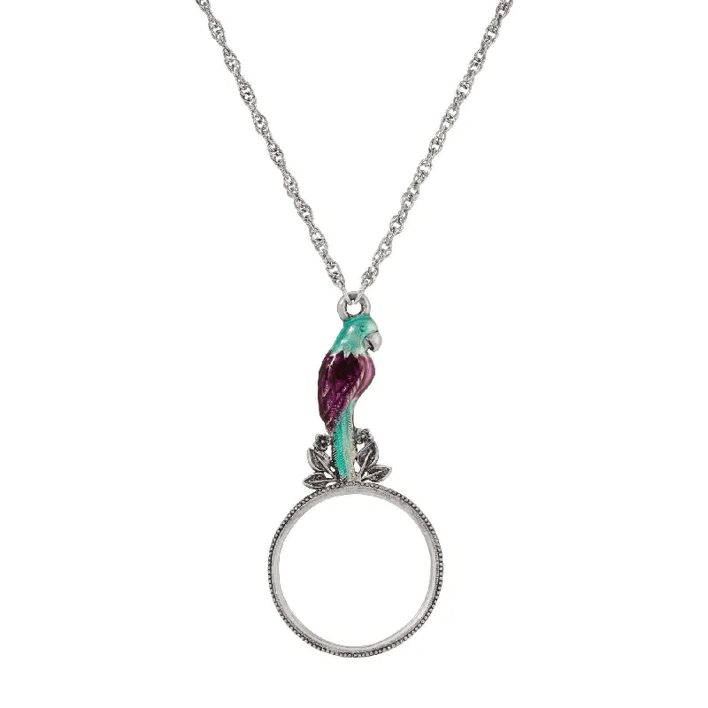 Pearls And Gold Necklaces-1928 Jewelry Neotropic Exotic Parrot  Amethyst & Blue Zircon Magnifying Glass Pendant Necklace 30" - Magnification Power: 1-2X