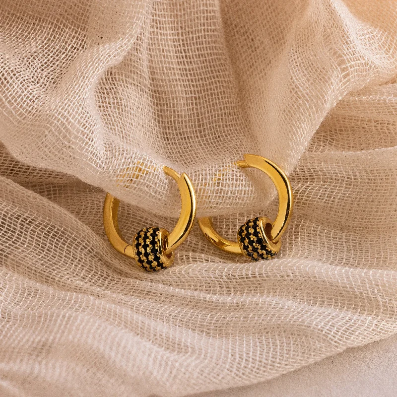 Stylish Gold Earrings for Women-Onyx Pave Beaded Hoops