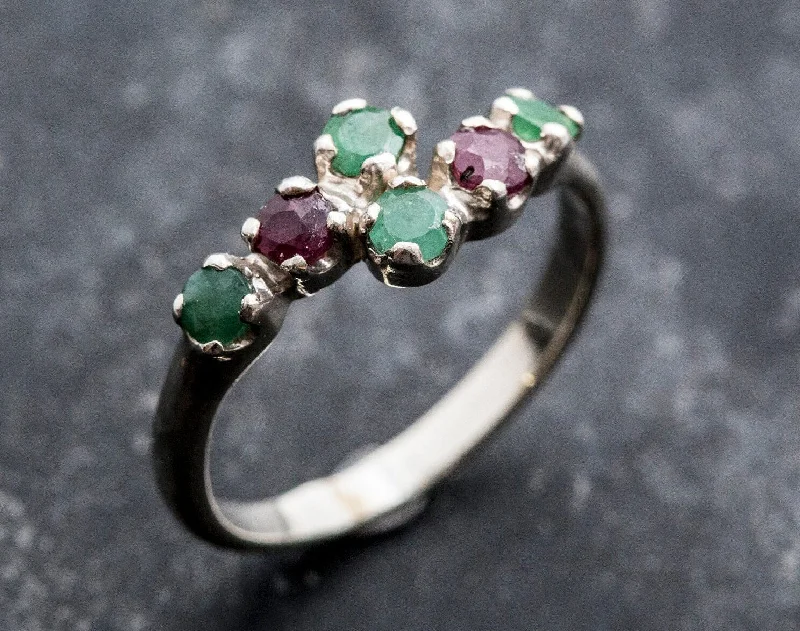 Wedding Rings with Personalization-Emerald Bypass Ring - Asymmetric Silver Band - Ruby Vintage Ring