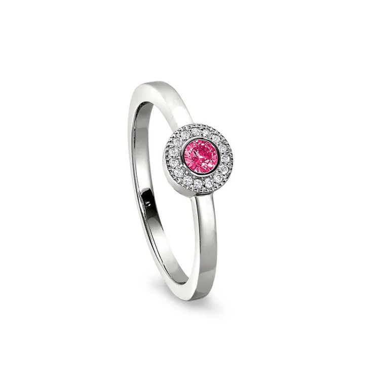 Custom Vintage Wedding Rings-Platinum Finish Sterling Silver Micropave Round Simulated Pink Sapphire Ring with Simulated Diamonds Size 9