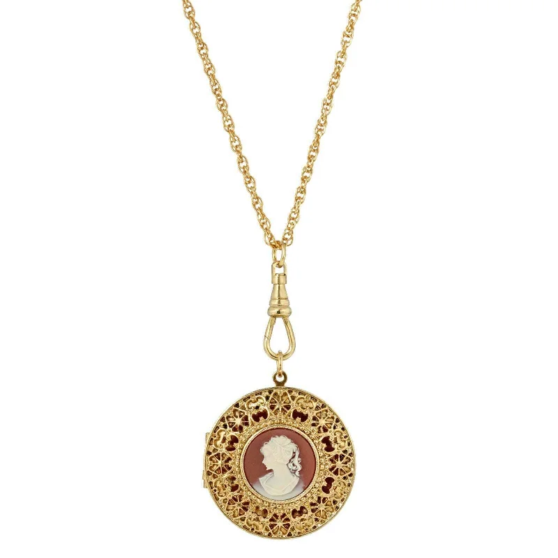 Custom Charm Necklaces-1928 Jewelry Cameo Round Ornate Filigree Locket Necklace 30"