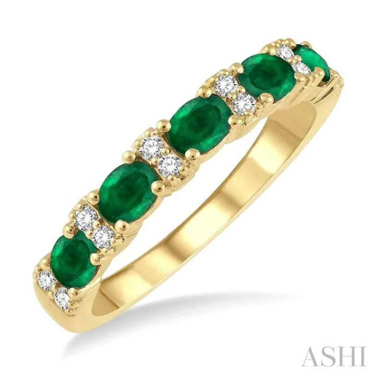 Birthstone Engagement Rings for Men-1/6 Ctw Oval Shape 4x3MM Emerald and Round Cut Diamond Precious Band in 14K Yellow Gold