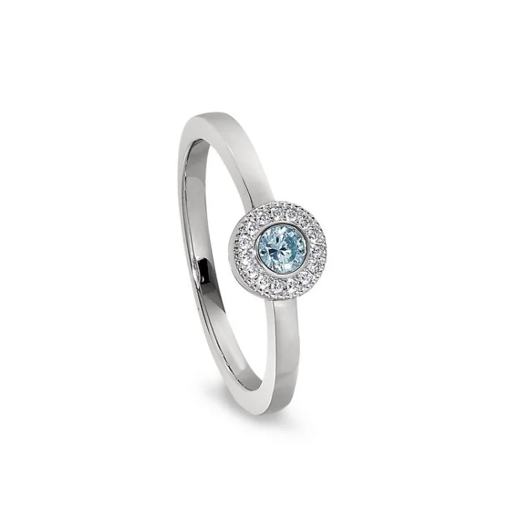 High-End Custom Engagement Rings-Platinum Finish Sterling Silver Micropave Round Simulated Aquamarine Ring with Simulated Diamonds Size 7