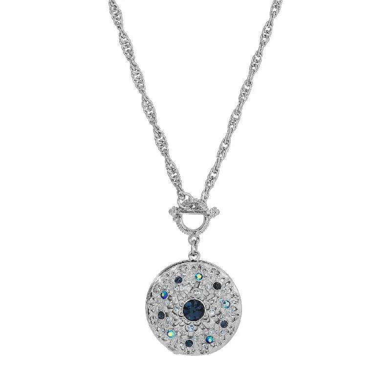 Sun Necklaces-1928 Jewelry Blue Sapphire Crystal Burst Photo Toggle Locket Necklace 28"