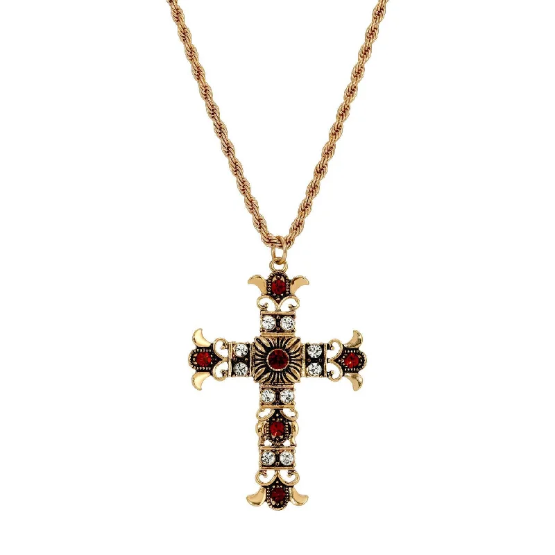 18K Gold Necklaces-Symbols Of Faith Royal Clear And Red Crystal Cross Pendant Necklace 16" + 3" Extension