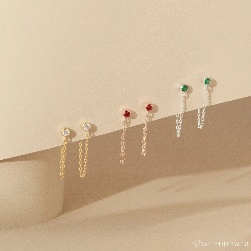 Delicate Gold Earrings-Birthstone Chain Studs