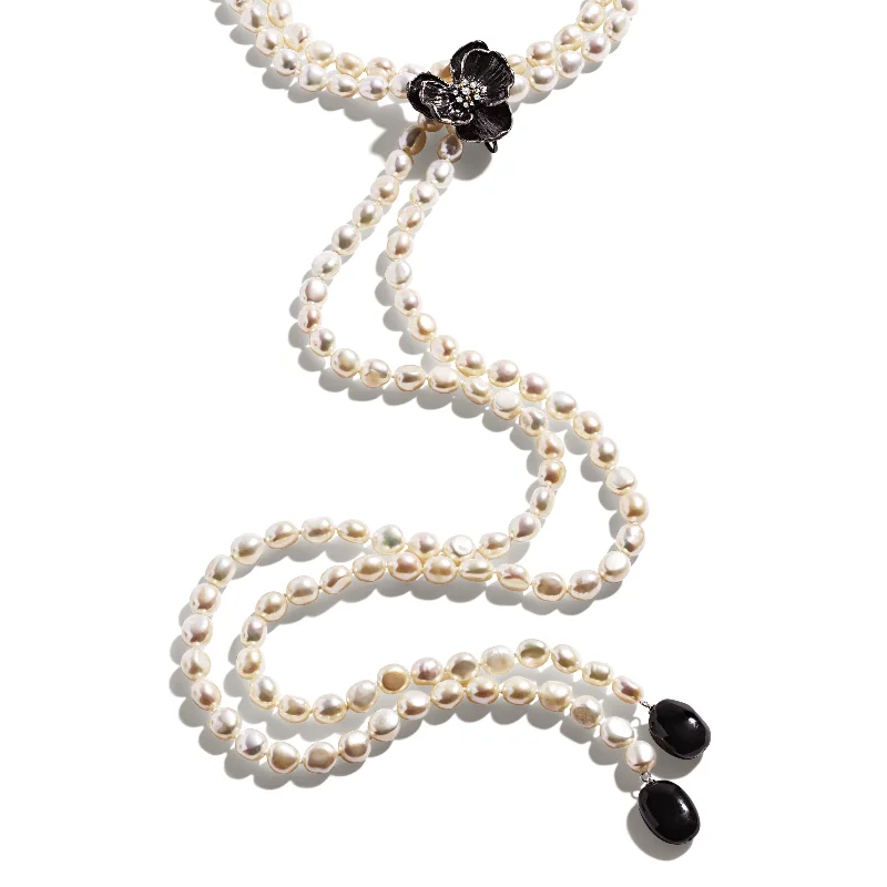 Elegant Necklaces-Orchid Lariat Necklace with Pearls, Black Onyx and Diamonds