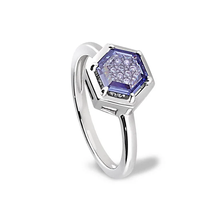 Designer Custom Engagement Rings-Platinum Finish Sterling Silver Flat Hexagon Synthetic Tanzanite Ring with synthetic Diamonds - Size 6