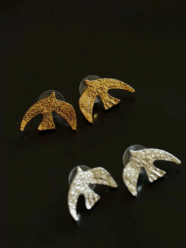 Delicate Gold Earrings-Flying Dove of Peace Earrings Handcrafted Vintage Texture