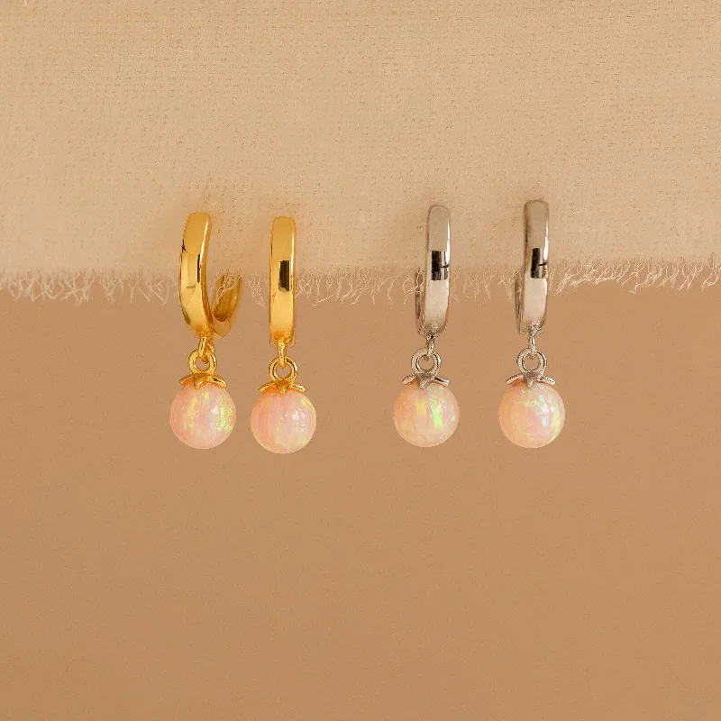 Bohemian Gold Earrings-Pink Opal Drop Huggies