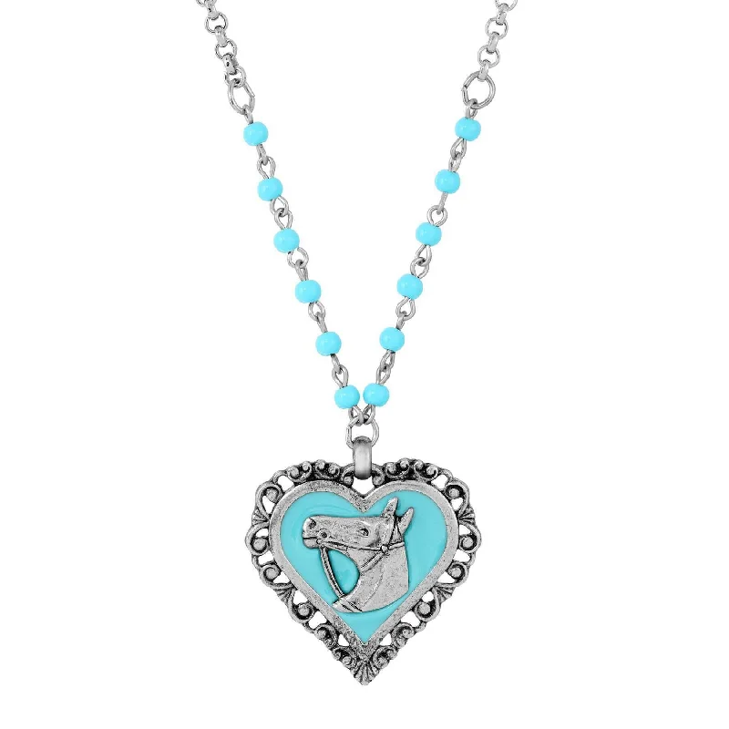 18K Gold Necklaces-1928 Jewelry Turquoise Beaded Rolo Chain Filigree Heart Horse Pendant Necklace 18"