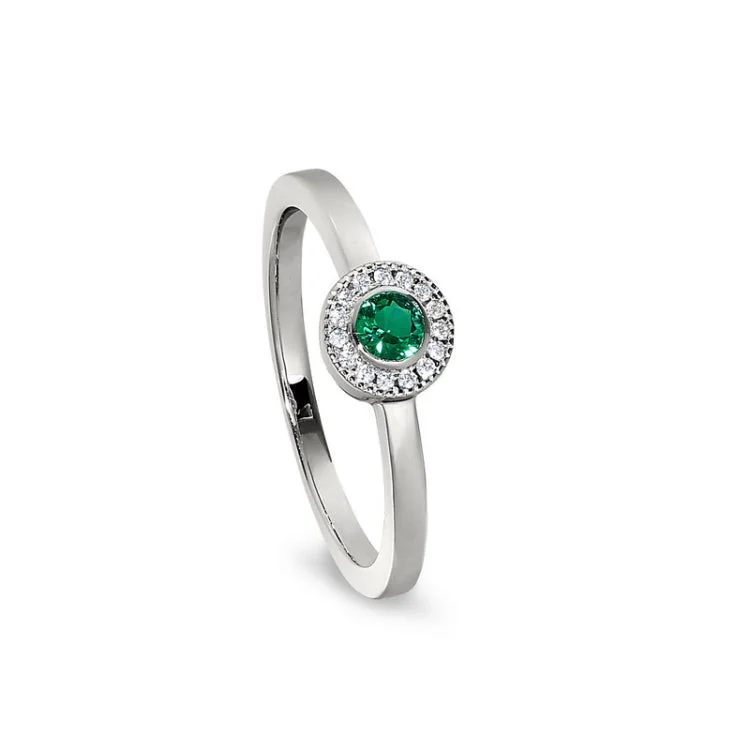 Custom Diamond Rings for Men-Platinum Finish Sterling Silver Micropave Round Simulated Emerald Ring with Simulated Diamonds Size 4