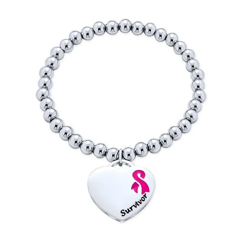 Custom Name Bracelets for Girls with Charms-Medical ID Bracelet Pink Ribbon Cancer Survivor with Heart Charm Tag