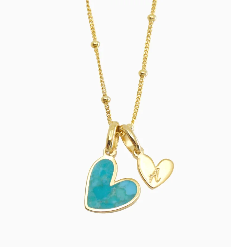 Wedding Pendant Necklaces-Turquoise Heart Initial Necklace