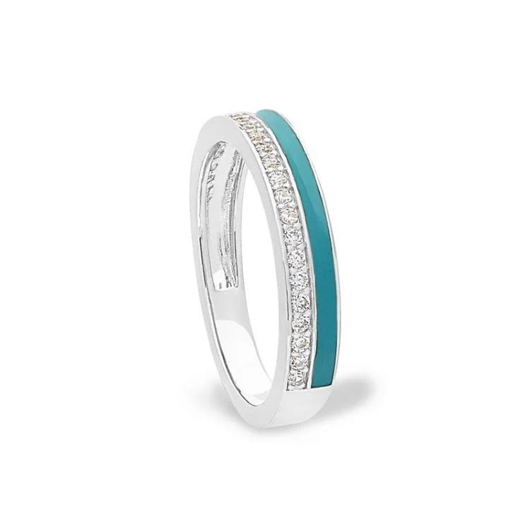 Personalized Gemstone Wedding Bands-Platinum finish sterling silver micropave ring with with turquoise enamel and simulated diamondss