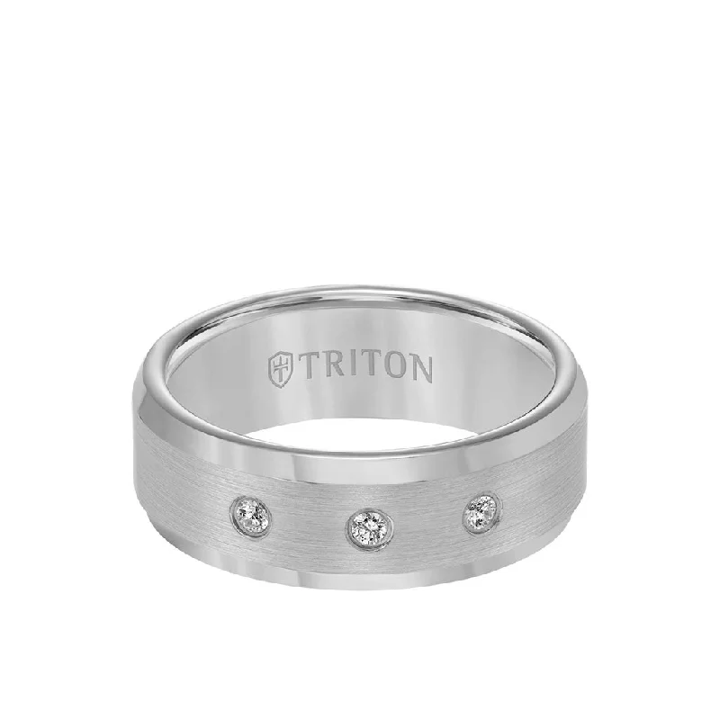 Designer Wedding Rings with Custom Engraving-8MM Tungsten Diamond Ring - 3 Stone Satin Finish Center and Bevel Edge