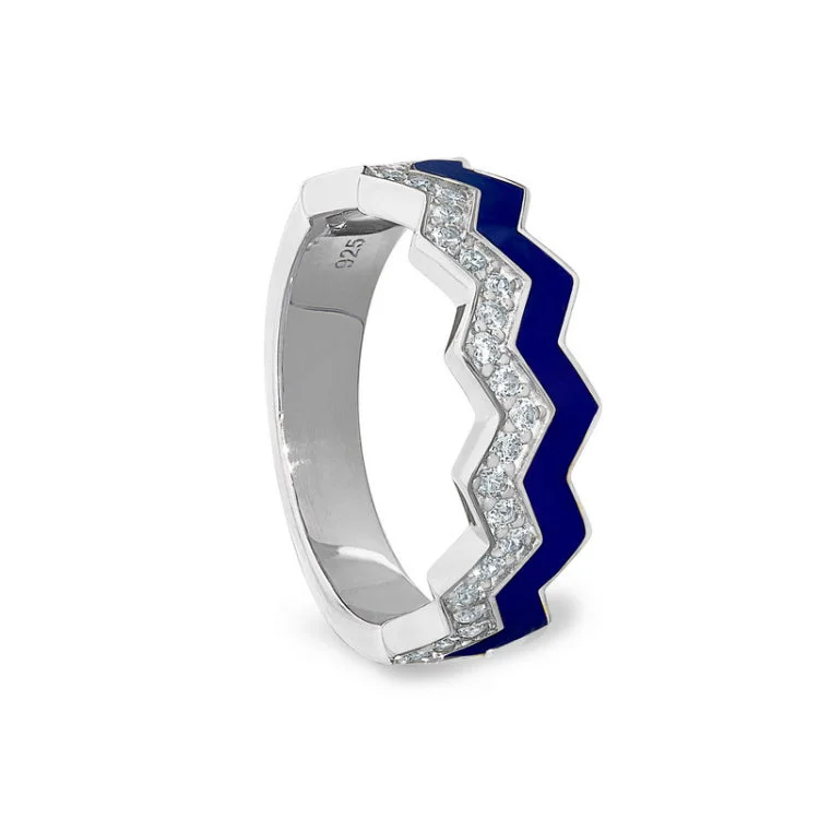 Custom Diamond Wedding Rings for Women-Platinum finish sterling silver micropave ring with with navy enamel and simulated diamondss