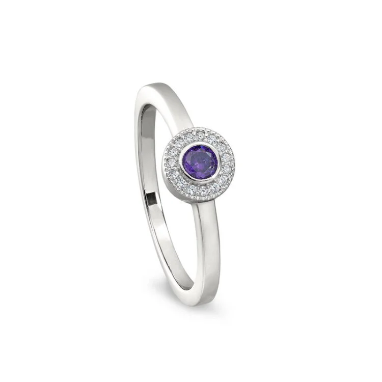 Personalized Promise Wedding Bands-Platinum Finish Sterling Silver Micropave Round Simulated Amethyst Ring with Simulated Diamonds Size 9