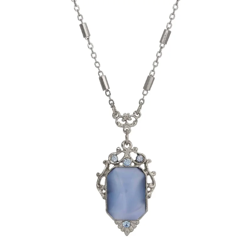 Beaded Necklaces-1928 Jewelry Jazzy Filigree Blue Octagon Moonstone & Crystal Pendant Necklace 16" + 3" Extension