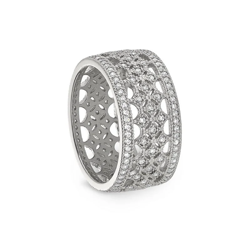 Designer Engagement Bands-Platinum Finish Sterling Silver Micropave Fancy Ring with Simulated Diamonds