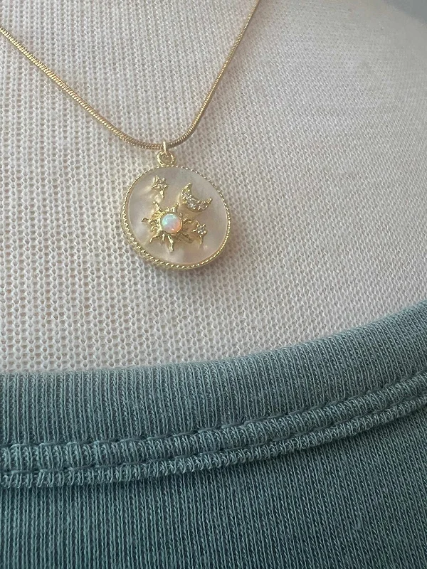 Animal Necklaces-Gold Opal Sun & Moon Medallion Necklace