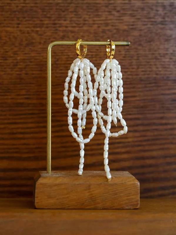 Geometric Earrings for Women-Hand-woven Rice Pearl Drop Earrings