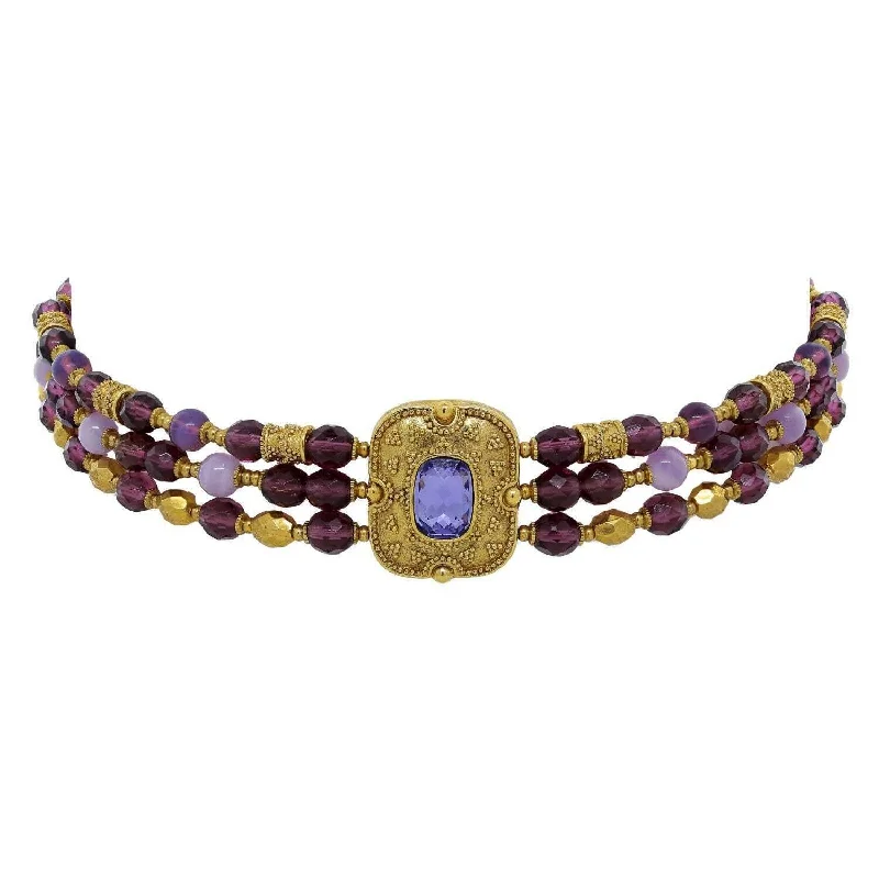 Religious Necklaces-Antiquities Couture Genuine Amethyst Triple Beaded Necklace 16" + 3" Extension