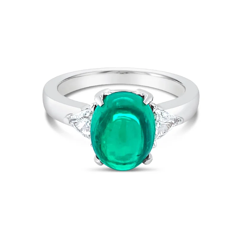 Custom Birthstone Engagement Rings for Men-Cabochon Emerald & Trillion cut Diamonds Ring