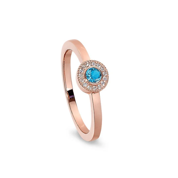 Customizable Engagement Rings for Men-Rose Gold Finish Sterling Silver Micropave Round Simulated Blue Topaz Ring with Simulated Diamonds Size 9