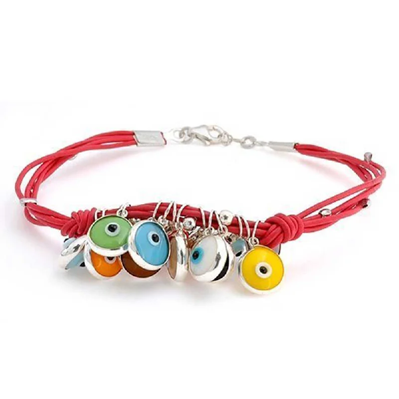 Women’s Customizable Leather Charm Bracelets-Protection Good Luck Amulet Strand Bracelet with Multicolor Evil Eye Beads 7-7.5 Inch