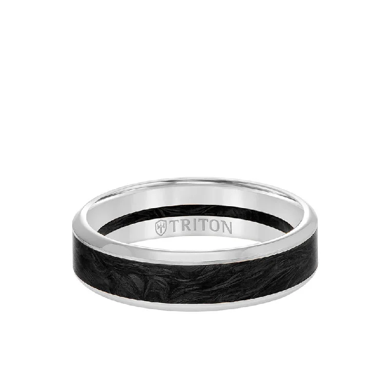 Affordable Gemstone Wedding Rings-6MM 14K Gold Ring + Forged Carbon - Channel Center & Bevel Edge