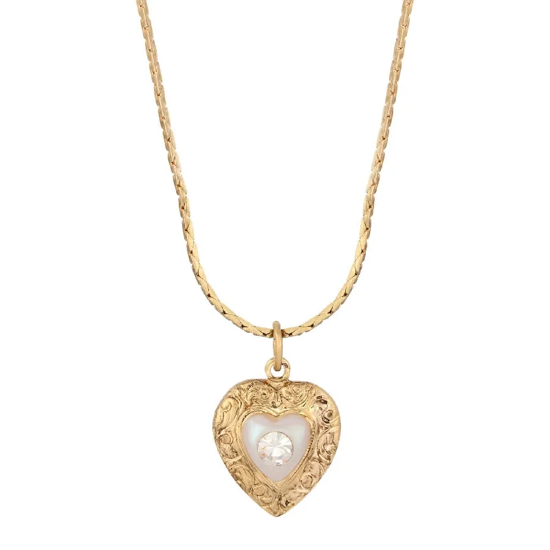 Personalized Gold-Plated Necklaces-1928 Jewelry Faux Pearl Heart & Crystal Pendant Necklace 15" + 3" Extender