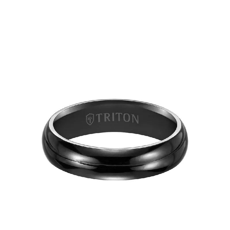 Custom Gemstone Wedding Bands with Diamonds-6MM Titanium Ring - Domed Black Satin Center and Bevel Edge