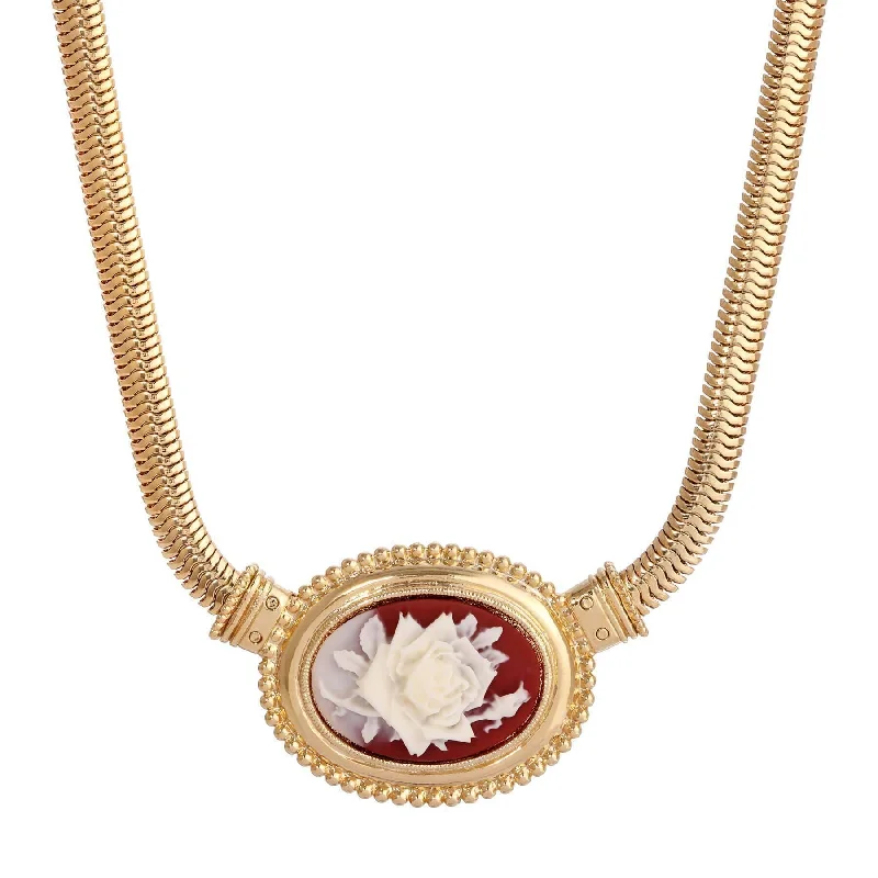 Talisman Necklaces-1928 Jewelry Oval Ivory Flower Carnelian Red Cameo Snake Chain Pendant Necklace 16" + 3" Extender