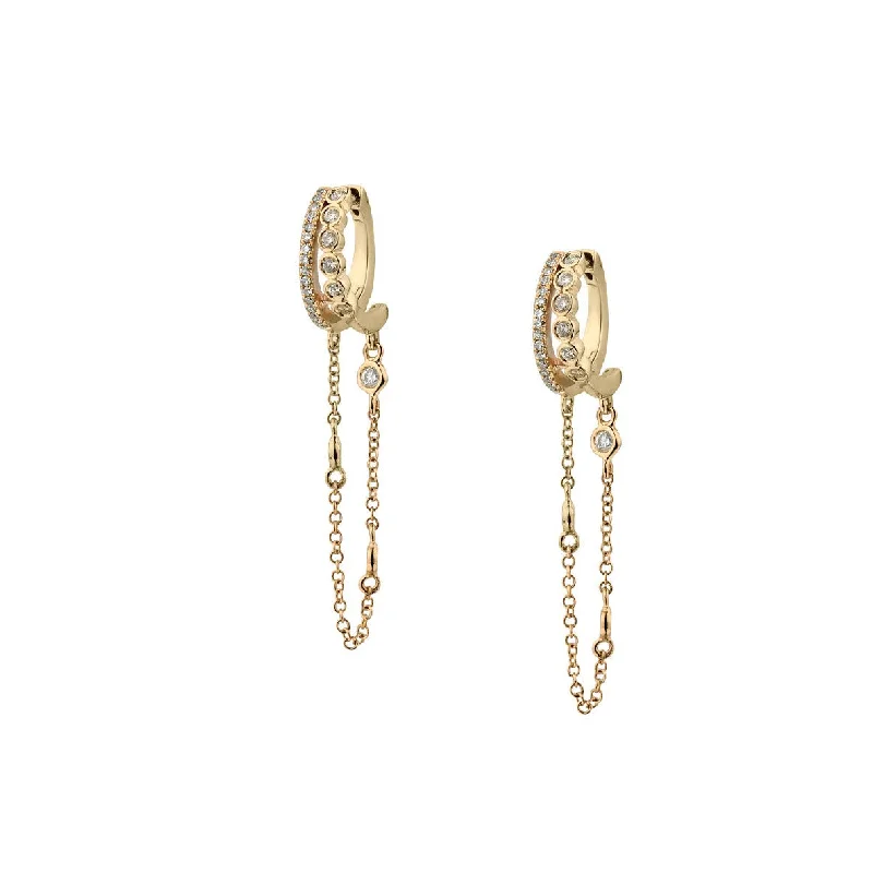 Classic Hoop Gemstone Earrings-DOUBLE DIAMOND HUGGIE & CHAIN DROP EARRINGS