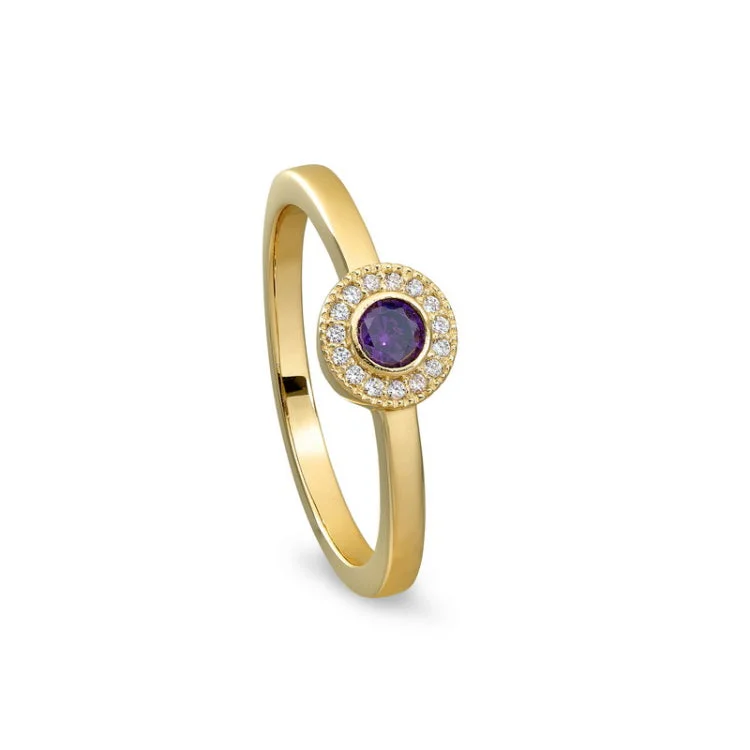 Custom Wedding Rings for Special Occasions-Gold Finish Sterling Silver Micropave Round Simulated Amethyst Ring with Simulated Diamonds Size 9