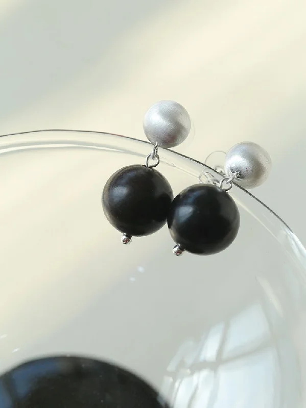 Large Crystal Stud Earrings-Brushed Ball Ebony Wood Round Bead Drop Earrings