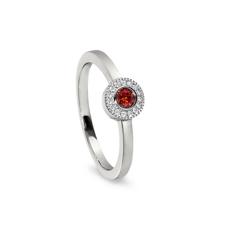 Gemstone Engagement Rings with Custom Settings-Platinum Finish Sterling Silver Micropave Round Simulated Garnet Ring with Simulated Diamonds Size 6