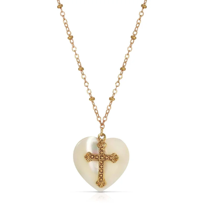 Silk Necklaces-Symbols Of Faith Mother Of Pearl Heart & Cross Pendant Necklace 16" + 3" Extender